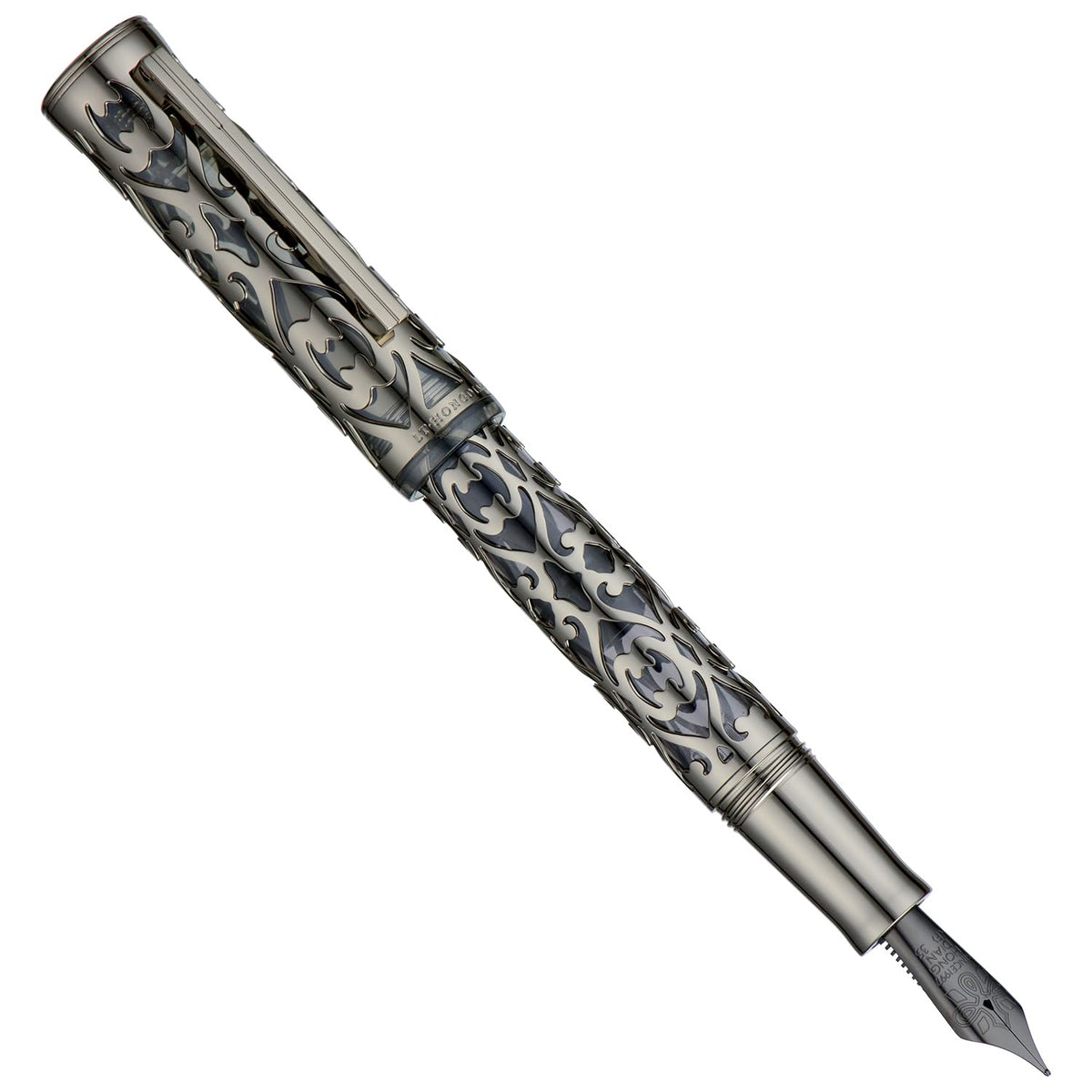 HONG DIAN D1 Piston Fountain Pen Fine Soft Nib, Jet Black Hollow Skeleton & Resin Pen with Metal
