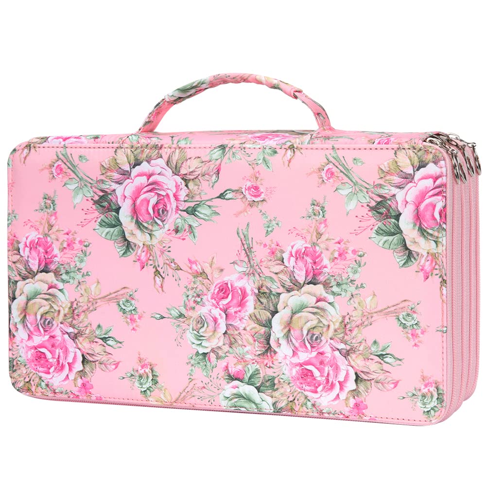 Vomgomfom 300 Slots Marker Case 4-Layer PU Leather, Handle, Pink Rose