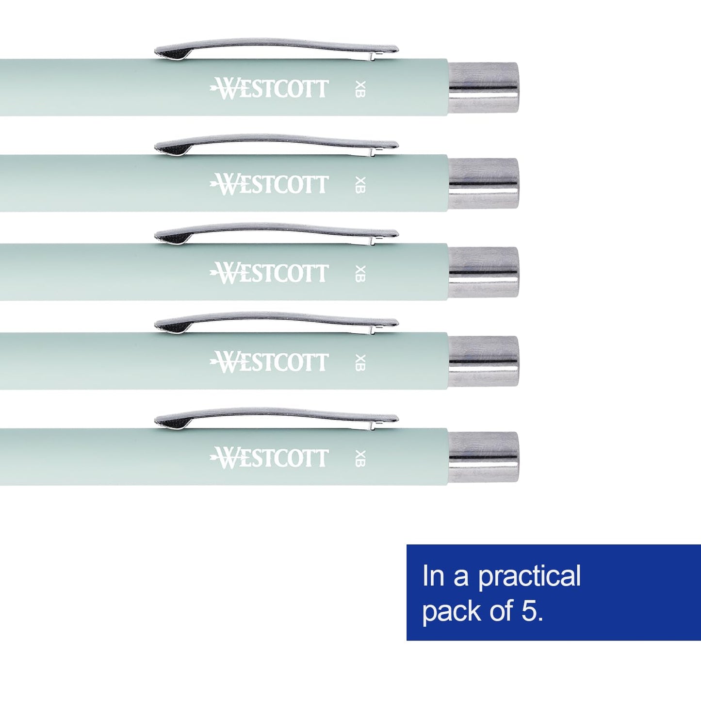 Westcott Premium Ballpoint Pen, Set of 5, Mint Coloured Ballpoint Pens Made of Aluminium, Document