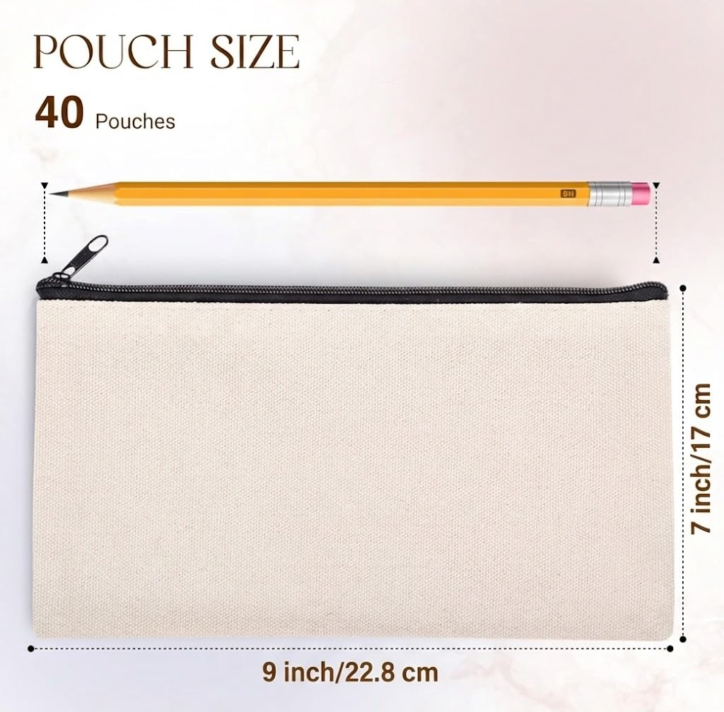 40pcs Blank canvas Zipper Pouch Makeup Bags Bulk, Smooth Zipper Pencil Case