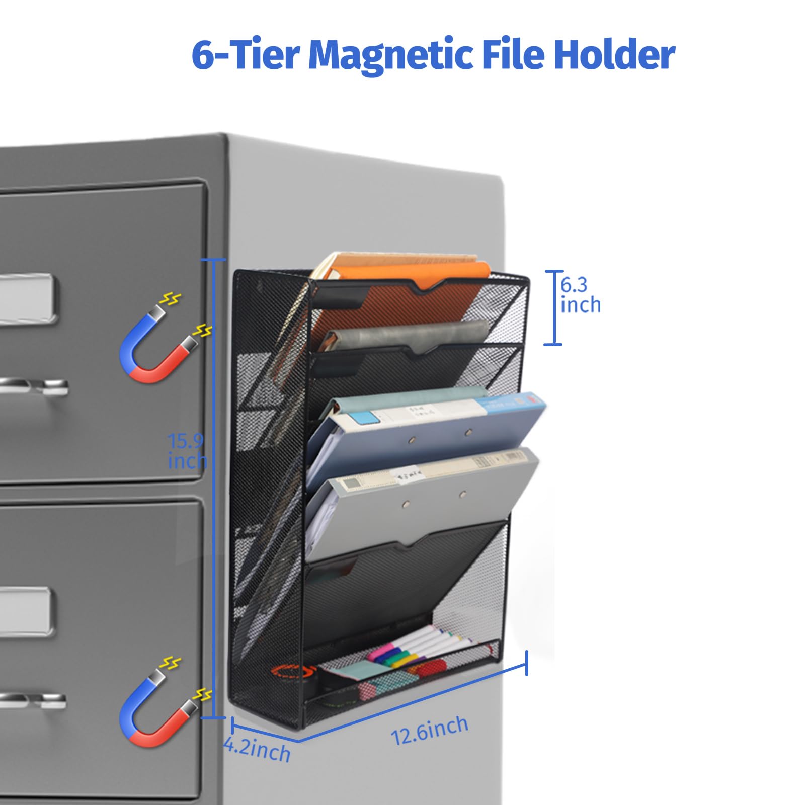 Ounyoizs 6-Tier Magnetic File Holder, Large Capacity File Cabinet Organizer, No-Drill Mount Hanging