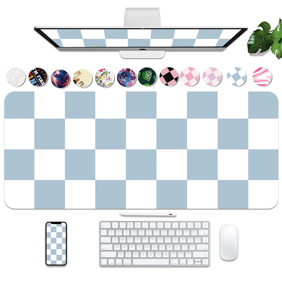 Large Checkered Desk Mat 35.4" x 15.7", PU Leather Desk Pad Protector, Large Mouse Pad for Desk