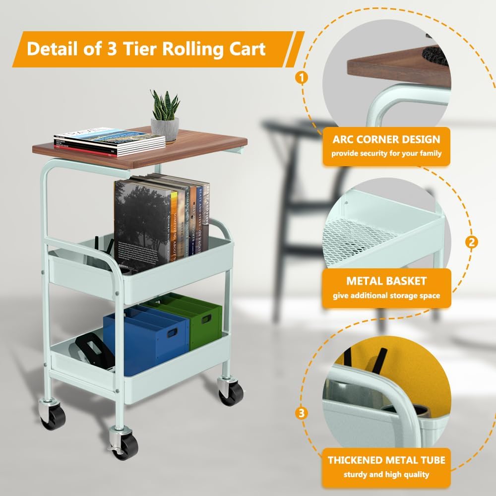 HIDODO Rolling Cart with Wooden Tabletop, 3 Tier Metal Utility Cart, Rolling Storage Organizer Cart
