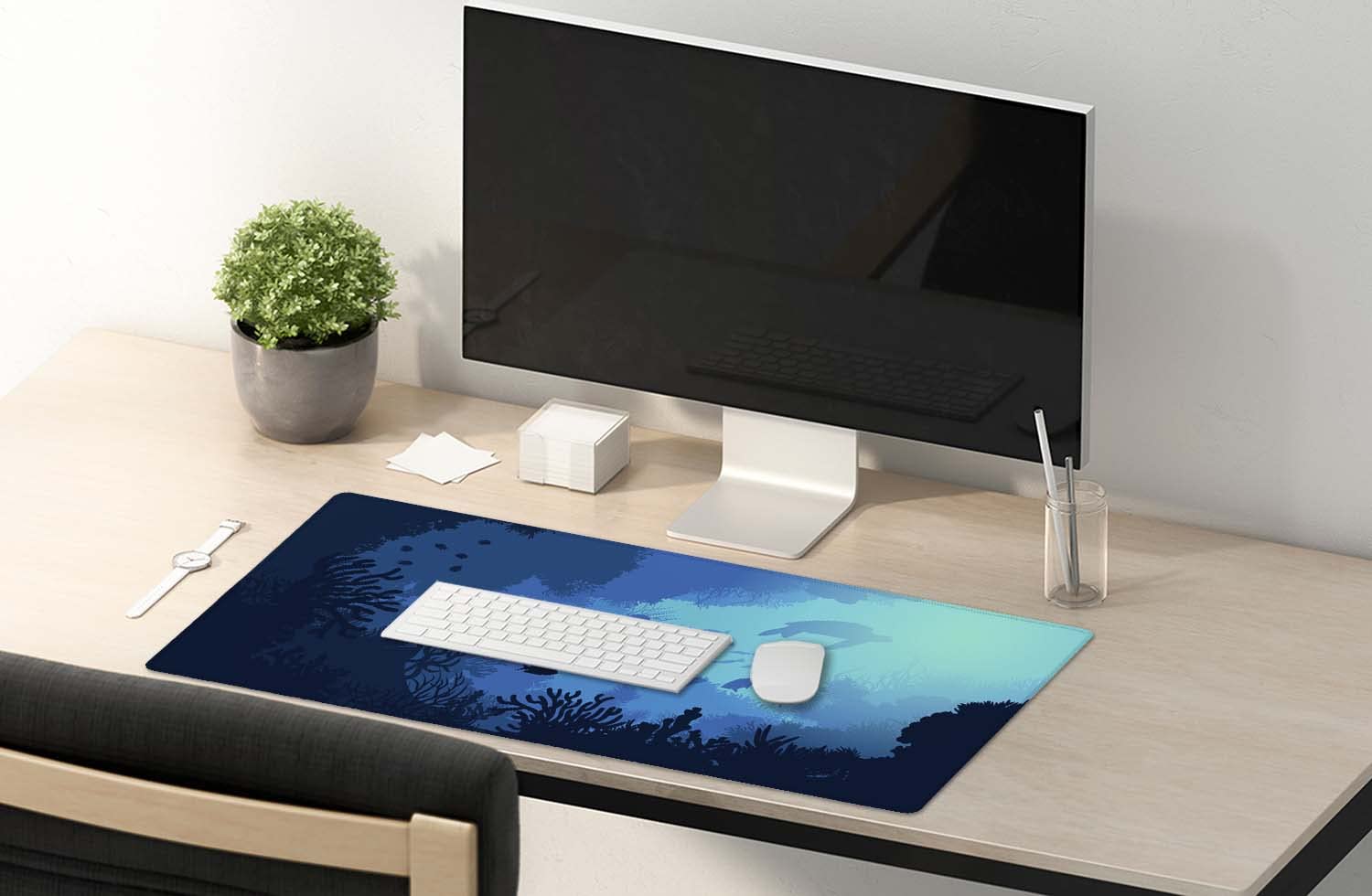 SSOIU Blue Ocean Big Turtle Desk Mat, Under The Sea Peaceful Extra Large Mouse Pad, Extended Gaming