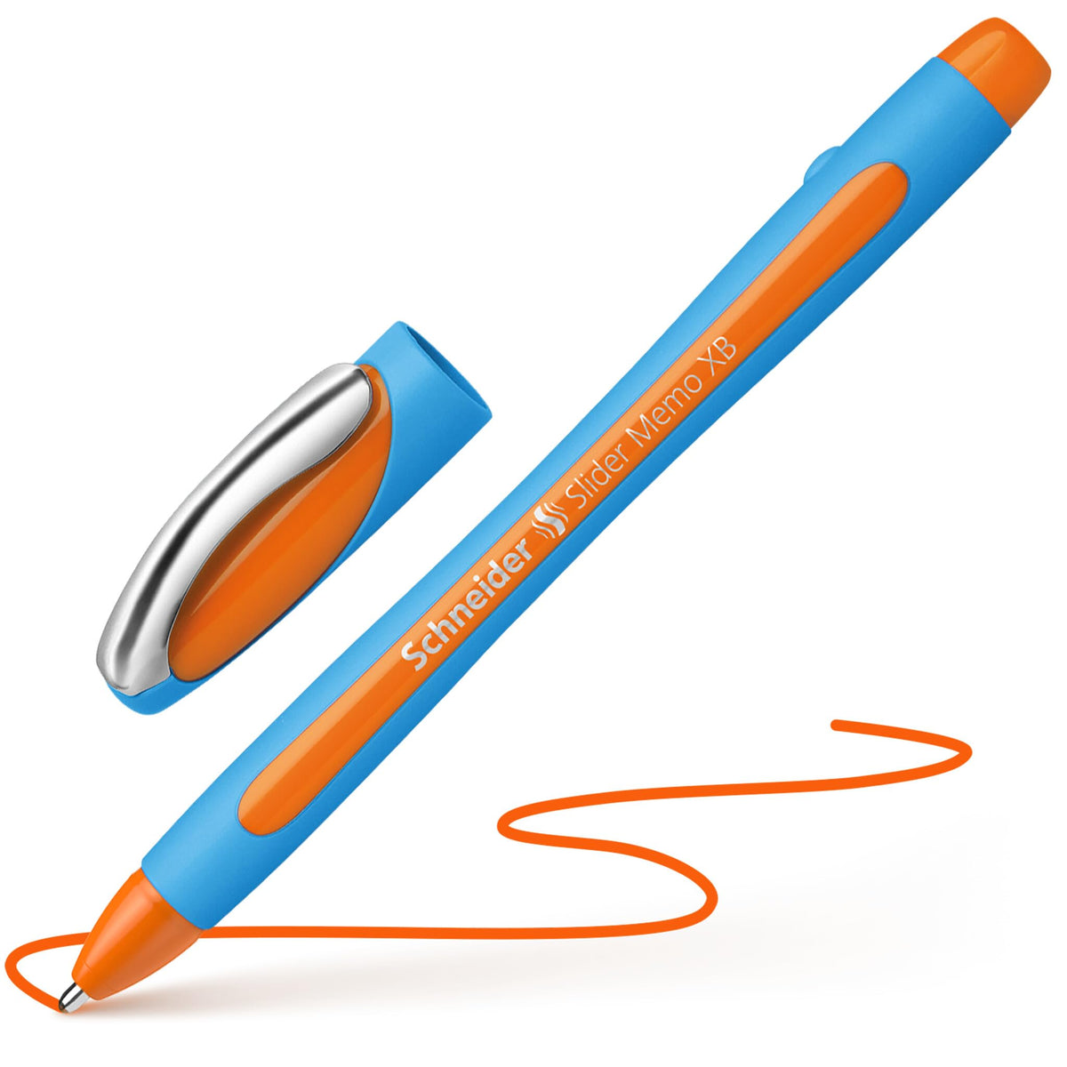 Schneider Slider Memo XB (Extra Broad) Ballpoint Pen, 1.4 mm, Light Blue Barrel, Orange Ink, Box of