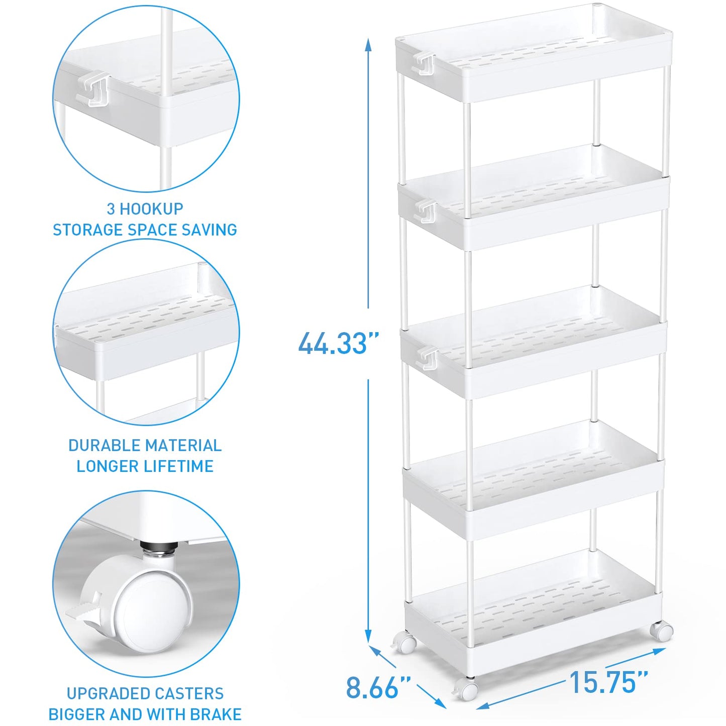 SPACEKEEPER 5 Tier Storage Rolling Cart, Bathroom Cart with Wheels, White