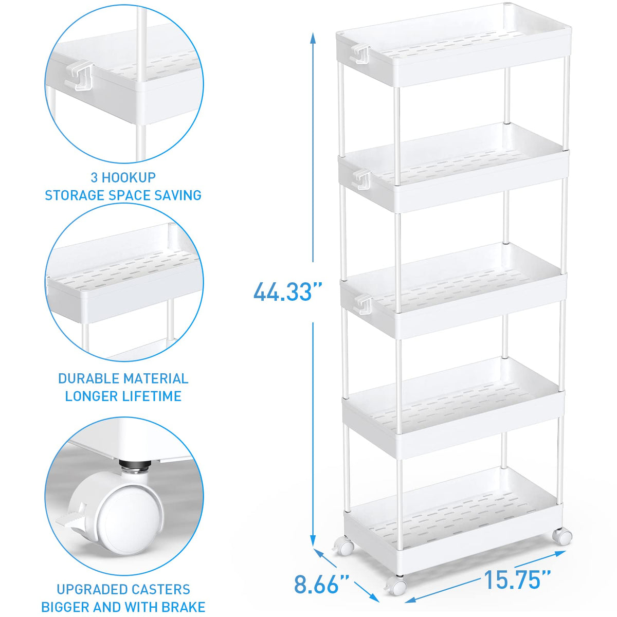 SPACEKEEPER 5 Tier Storage Rolling Cart, Bathroom Cart with Wheels, White