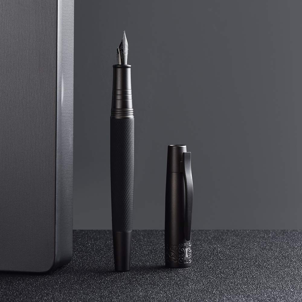 6013 Pure Black Solid Metal Fountain Pen Extra Fine Nib, Senior General Ink Converter Pen Metal Box