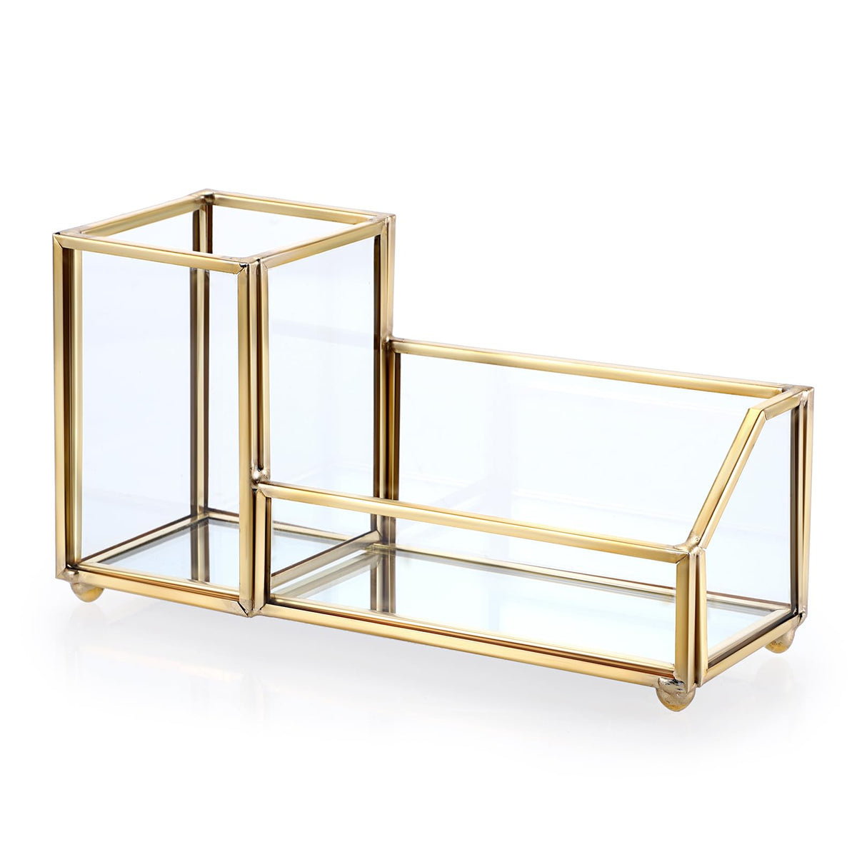 Hipiwe 2 Slots Glass Business Card Holder with Pen Pencil Cup, Gold