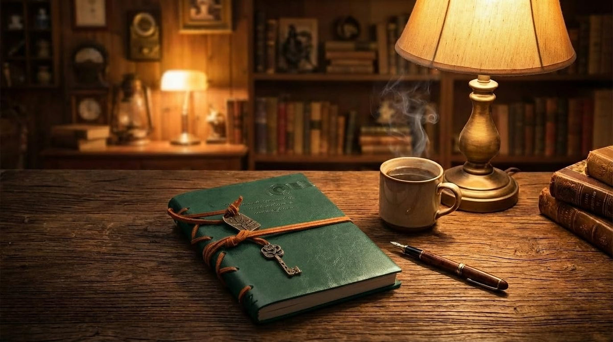 EvZ Classic Vintage Leather Writing Journal Notebook - Forest Green Retro Diary with Antique Key