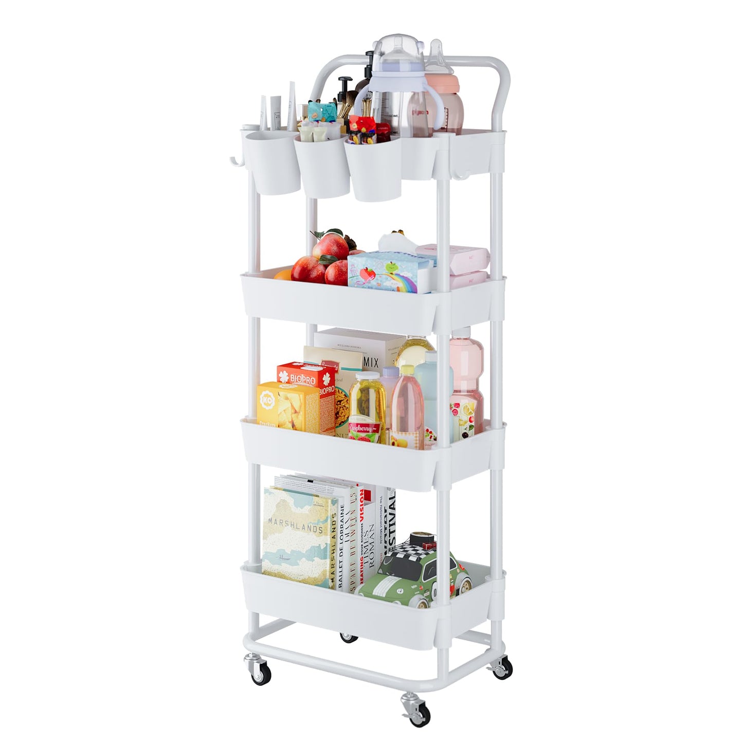 Buzowruil 4-Tier Rolling Utility Cart, Storage Cart with Handle Multi-Purpose and Locking