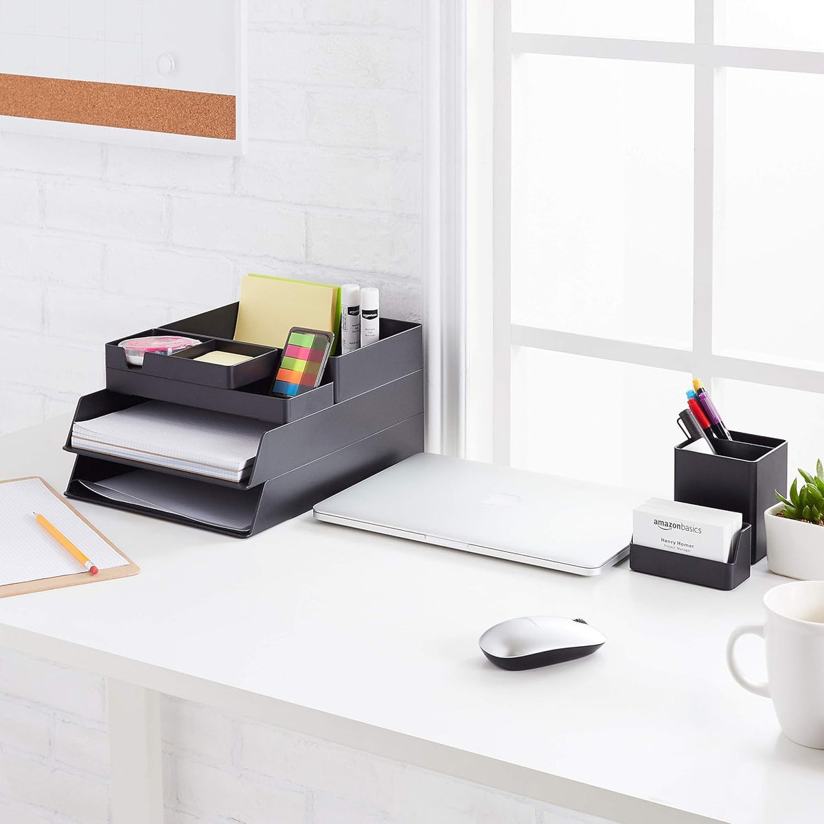 Amazon Basics Rectangular Plastic Desk Organizer Bundle, 3 Pieces with Half Accessory Tray, Small