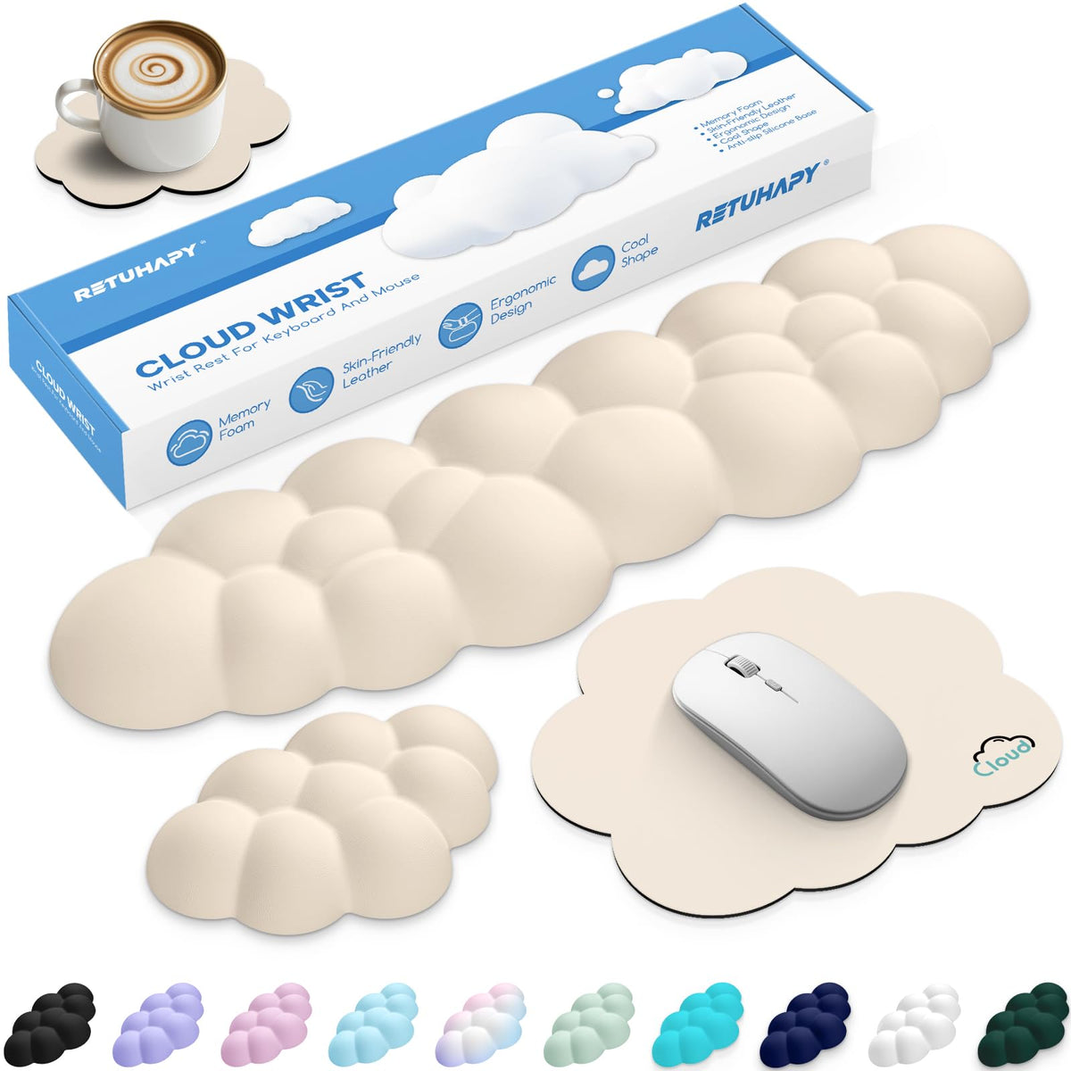 Retuhapy Cloud Wrist Rest Keyboard Cushion and Cloud Mouse Pad, Beige