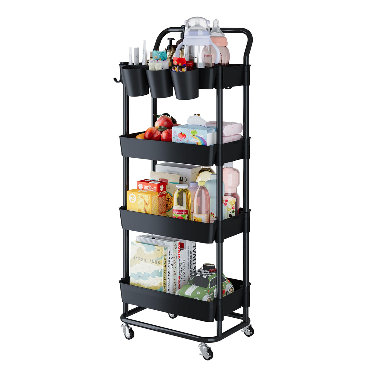 Buzowruil 4-Tier Rolling Utility Cart, Storage Cart with Handle Multi-Purpose and Locking