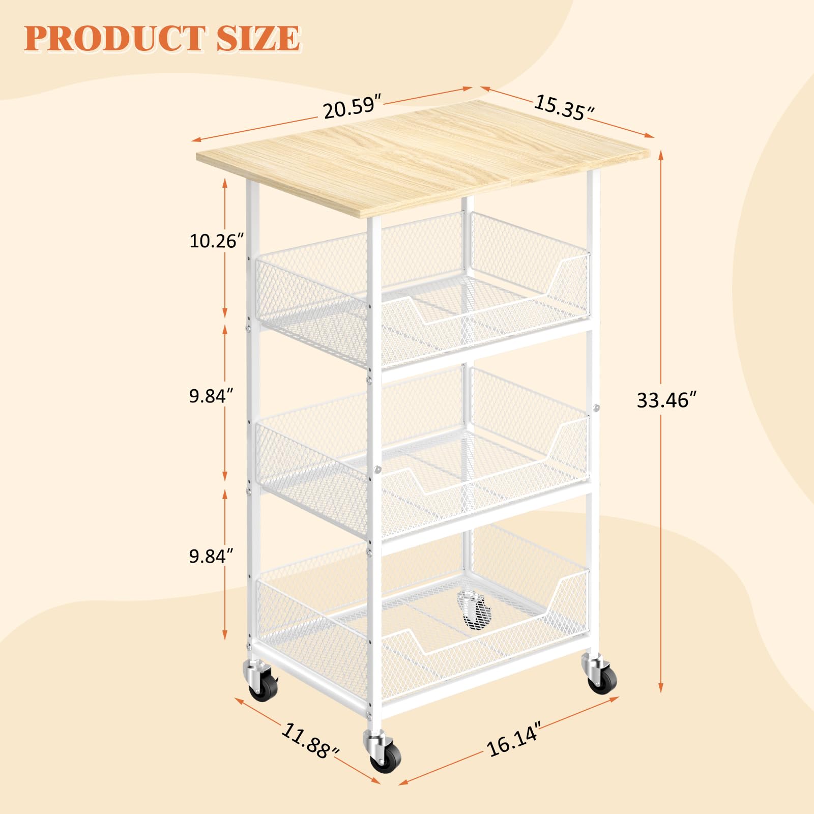 ThreeHio Rolling Kitchen Microwave Cart with Fruit Baskets, 4 Tier Microwave Table Stand with