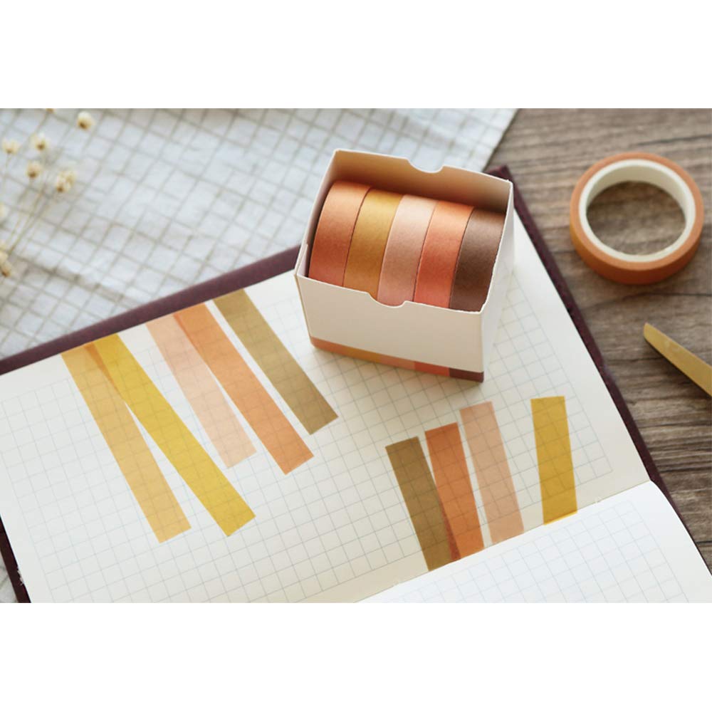 EnYan Solid Color Washi Tapes Set, 5 Rolls Basic Collection Decoration 10mm Wide Japanese Masking