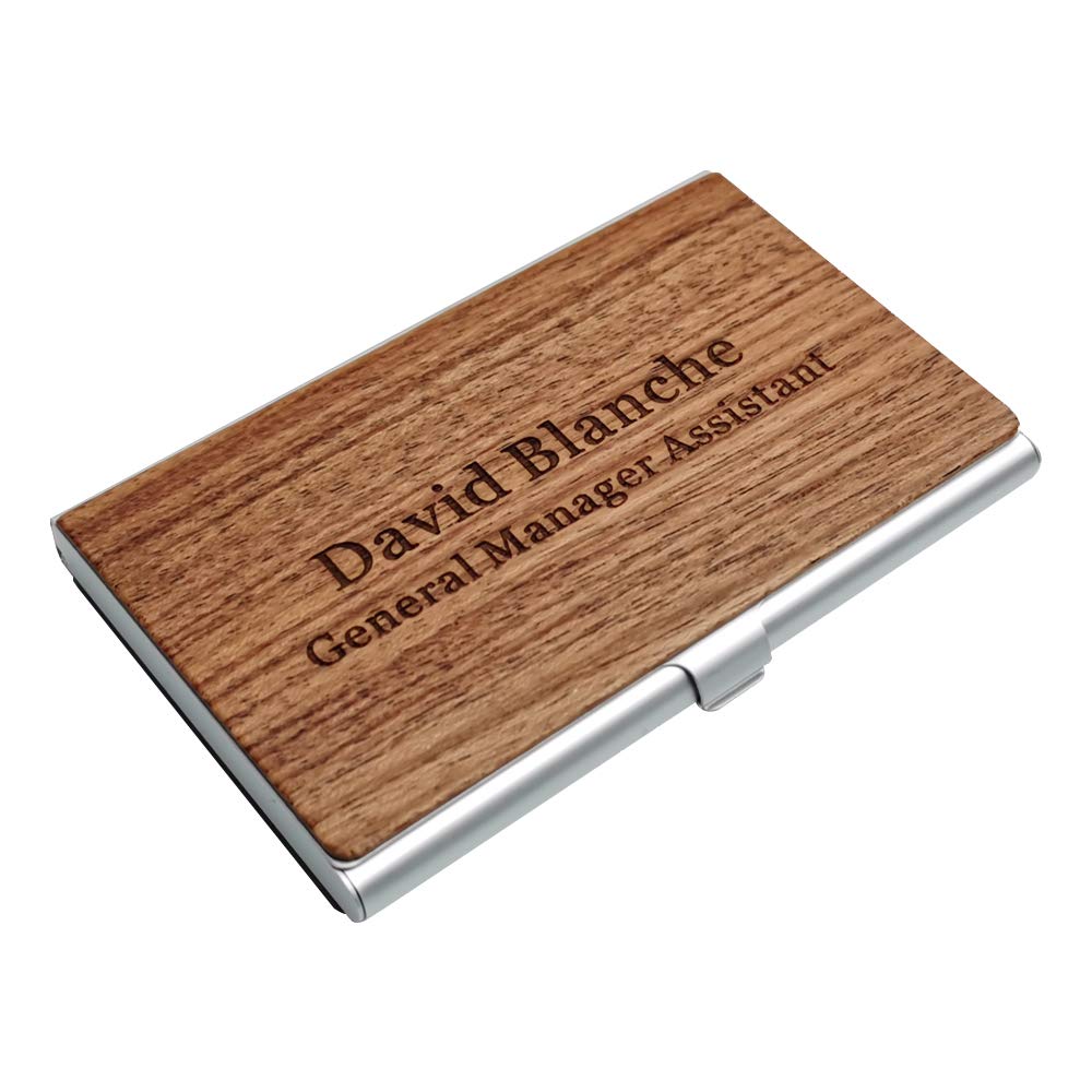 MOJIA Personalized Wood Business Card Case Holder, Custom Engraved Business Card Case for Man and