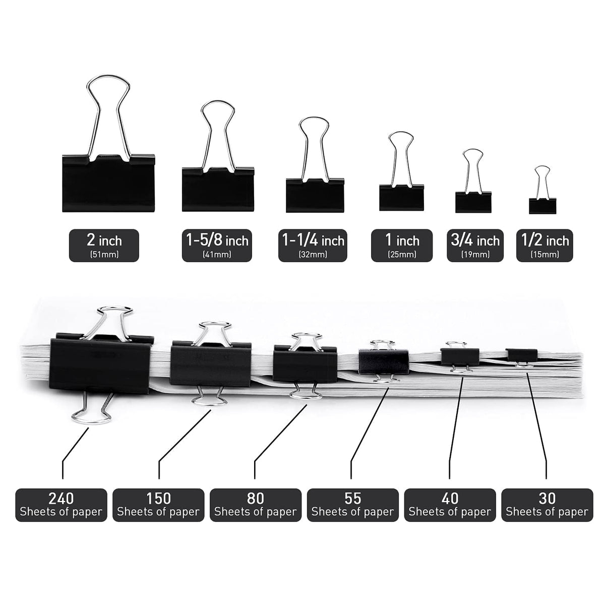 Binder Clips, 144 Pack, 1 Inch, Standard 25mm, Black, Capacity 0.47 Inch, Metal Paper Clips, Fold