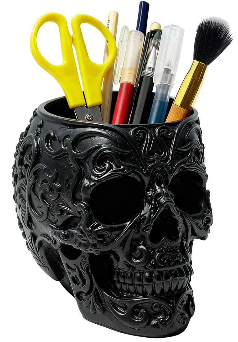 CUZOKOLA Goth Accessories Black Skull Decor for Pen Holder with Strong Resin,Skull Makeup Brush