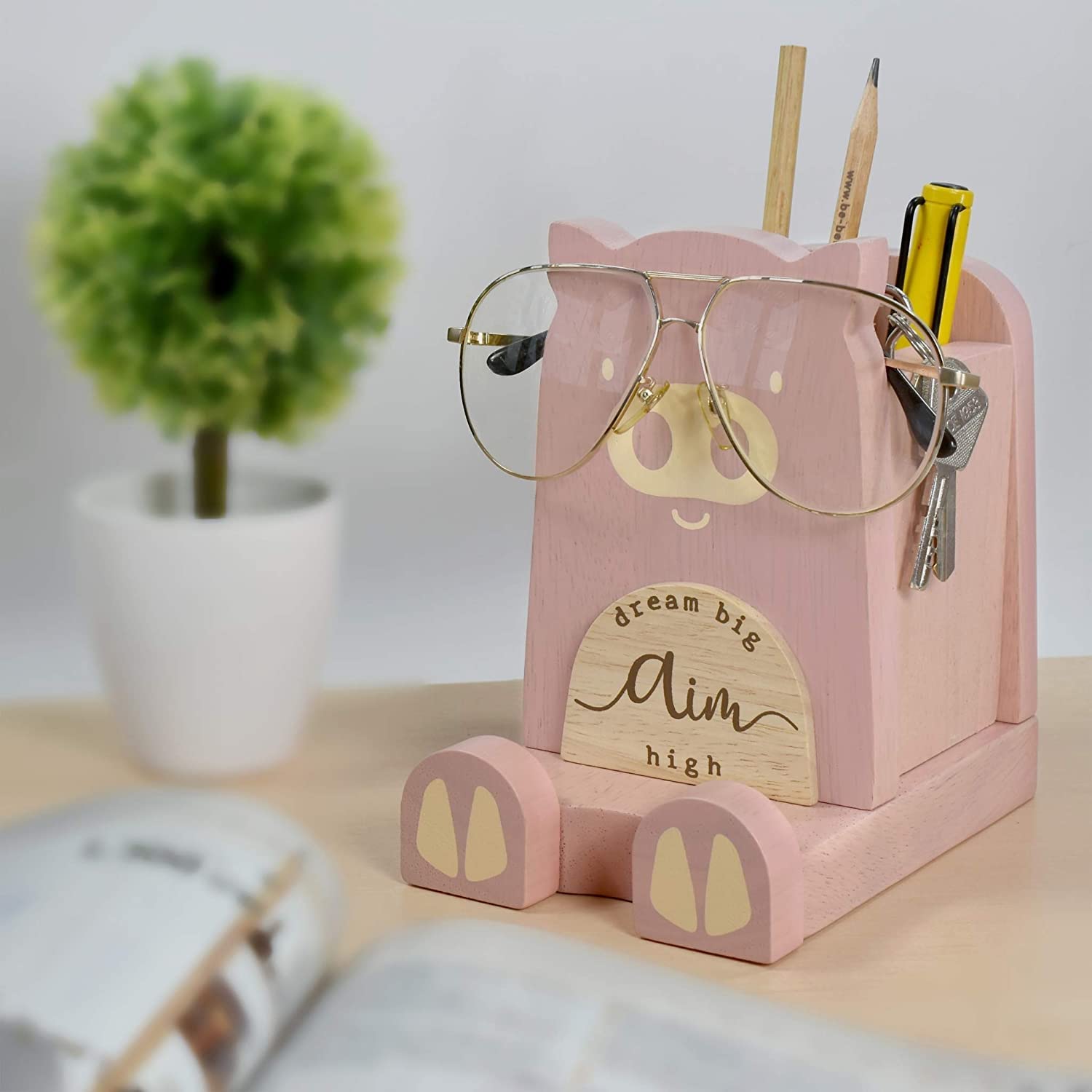 Wood Multipurpose Eyeglass Phone Pen & Pig Pencil Holder Stand Stationery Desk Box Organizer
