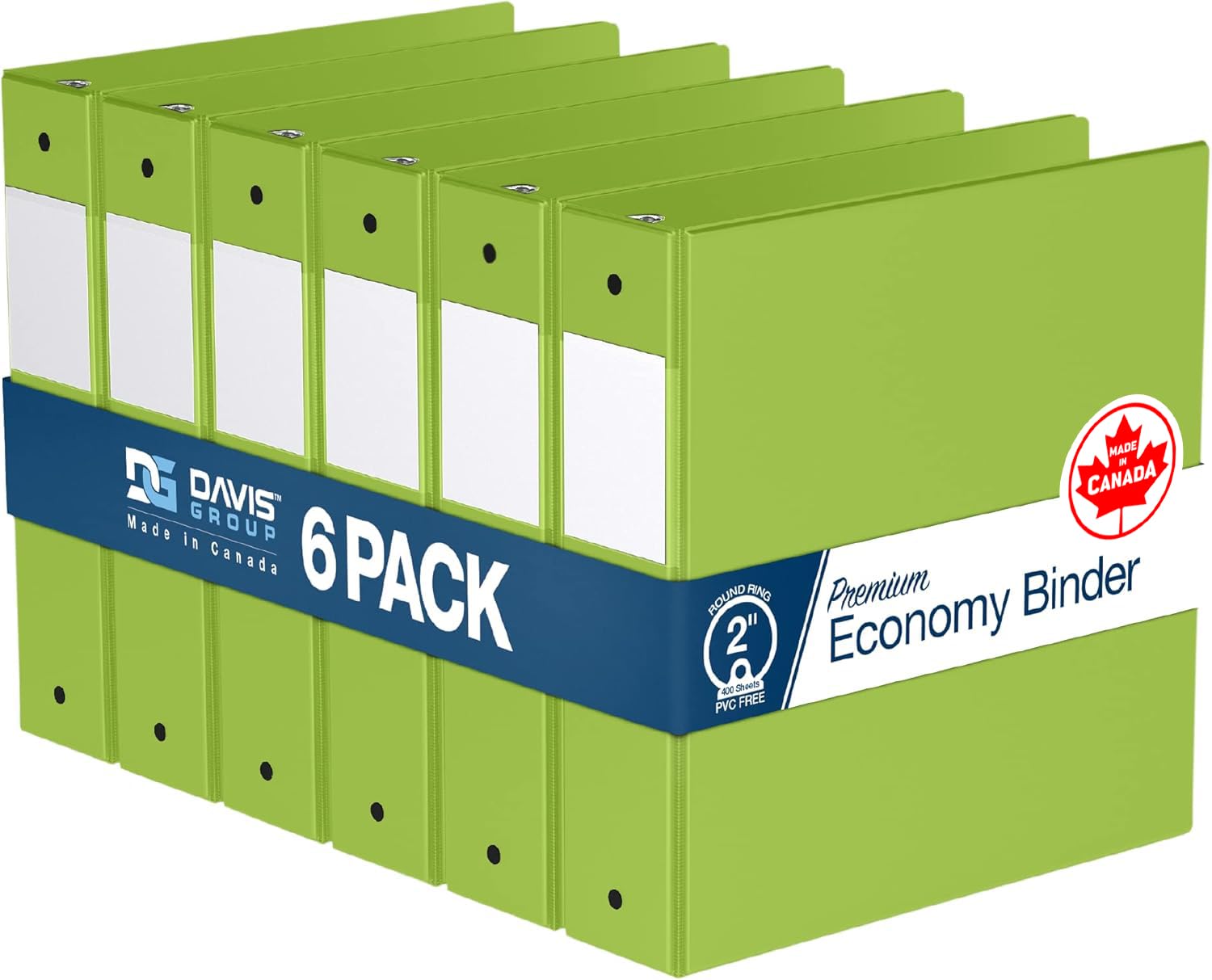 Premium Economy 3-Ring Binder, Spine Label, 2" Round Rings, Lime Green, 6Pk