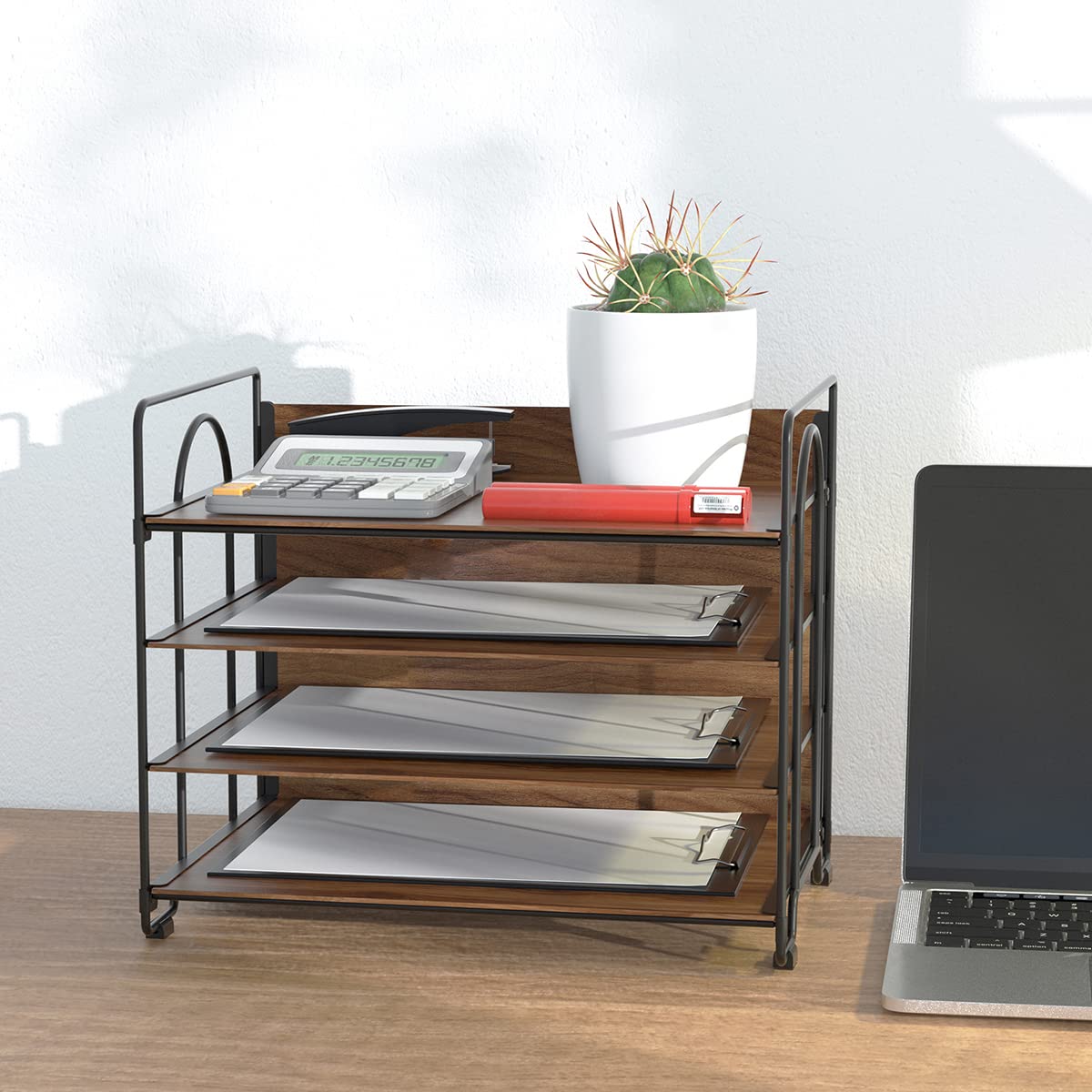 LUCYCAZ 4 Tier Paper Organizer for Desk,Wood Desk Organizer