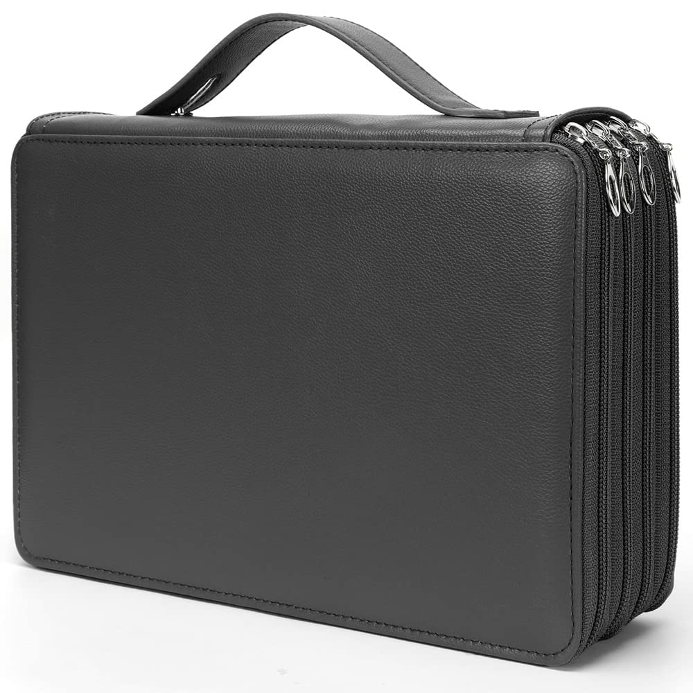 Vomgomfom 200 Slots Pencil Case 4-Layer PU Leather, Handle, Solid Black