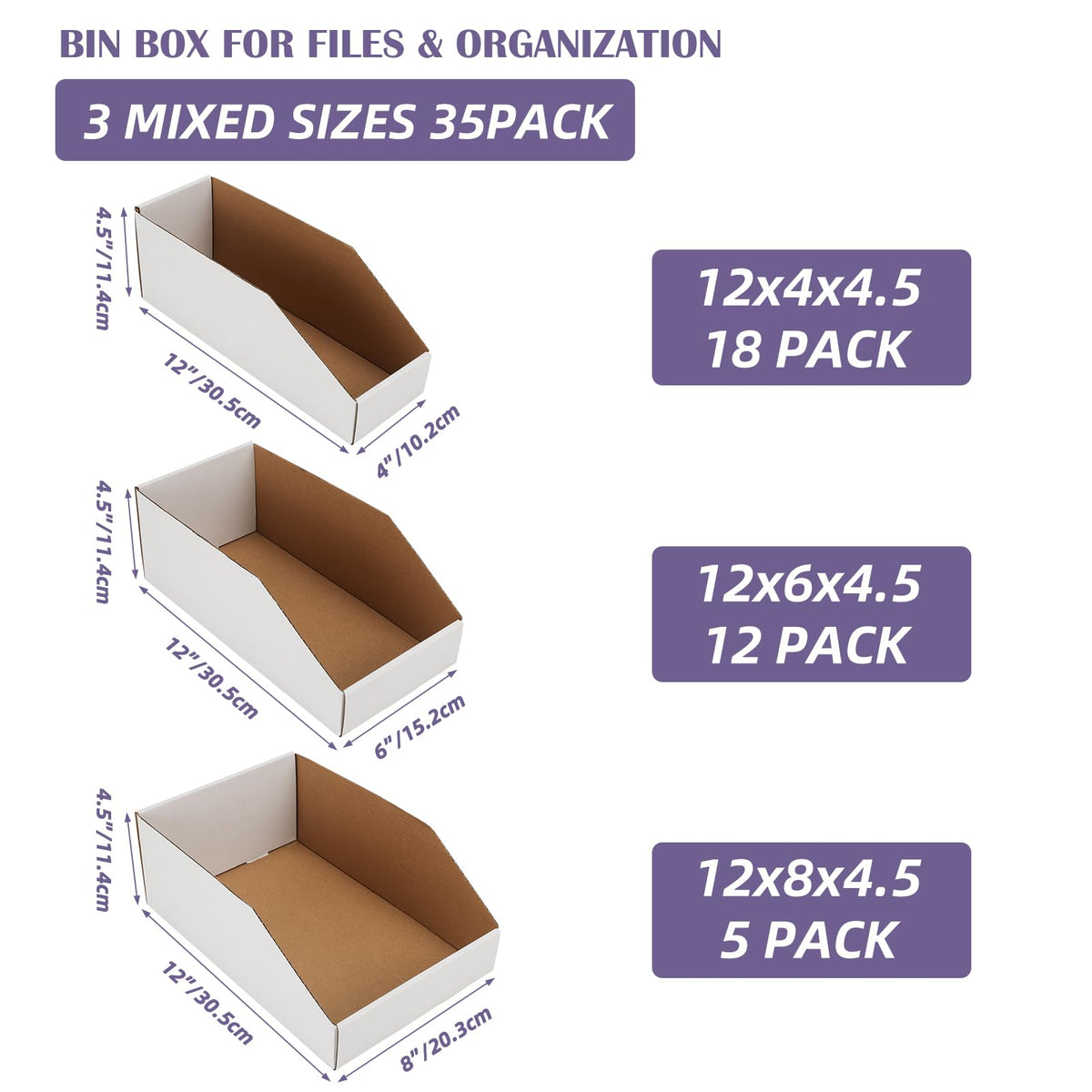EXYGLO Cardboard Storage Bins Assorted Sizes, 35 Mixed Pack Cardboard Boxes,18 Pack 12x4x4.5, 12