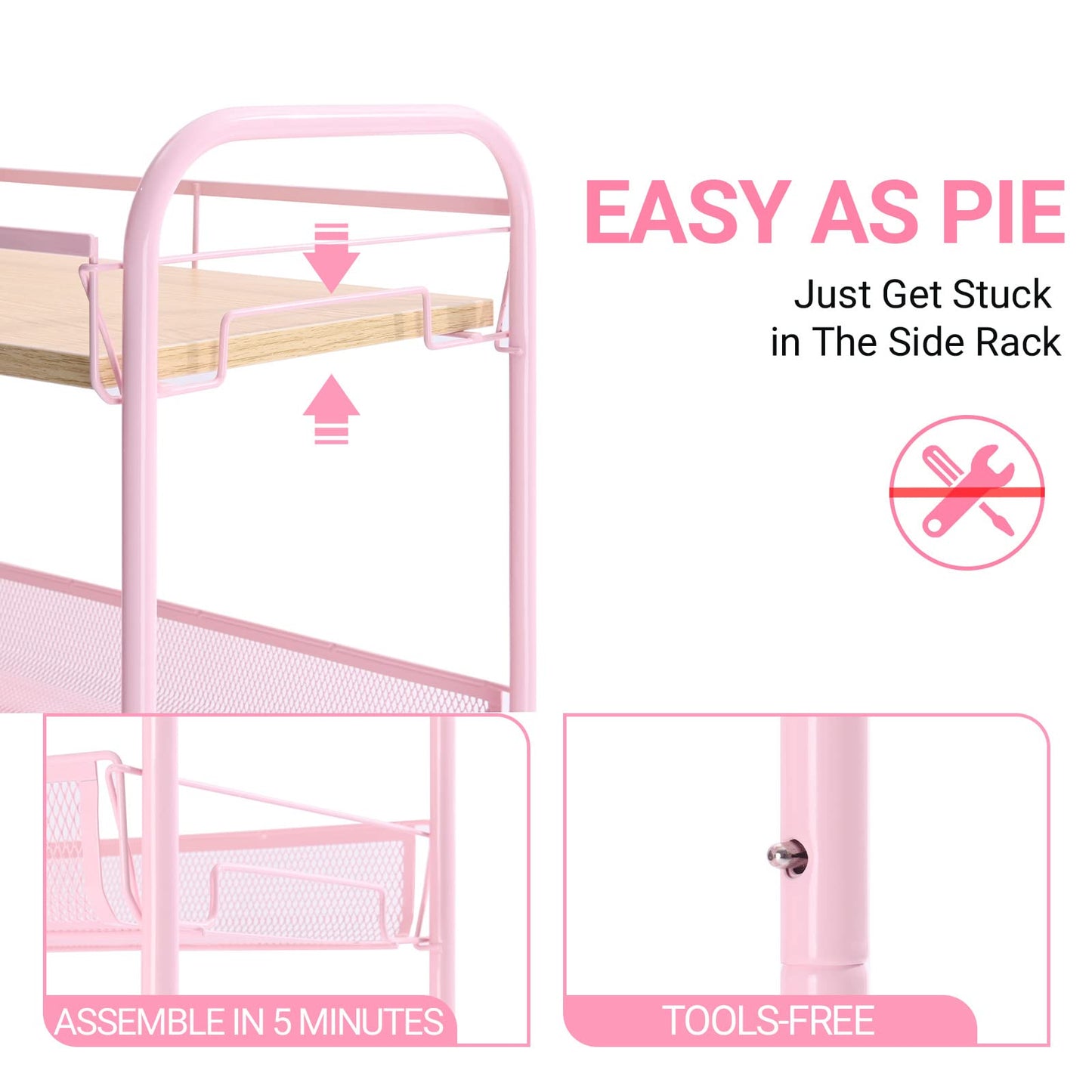 KINGRACK 4-Tier Metal Rolling Utility Cart, Pink, Flexible, Sturdy, Easy Assembly, Anti-Rust