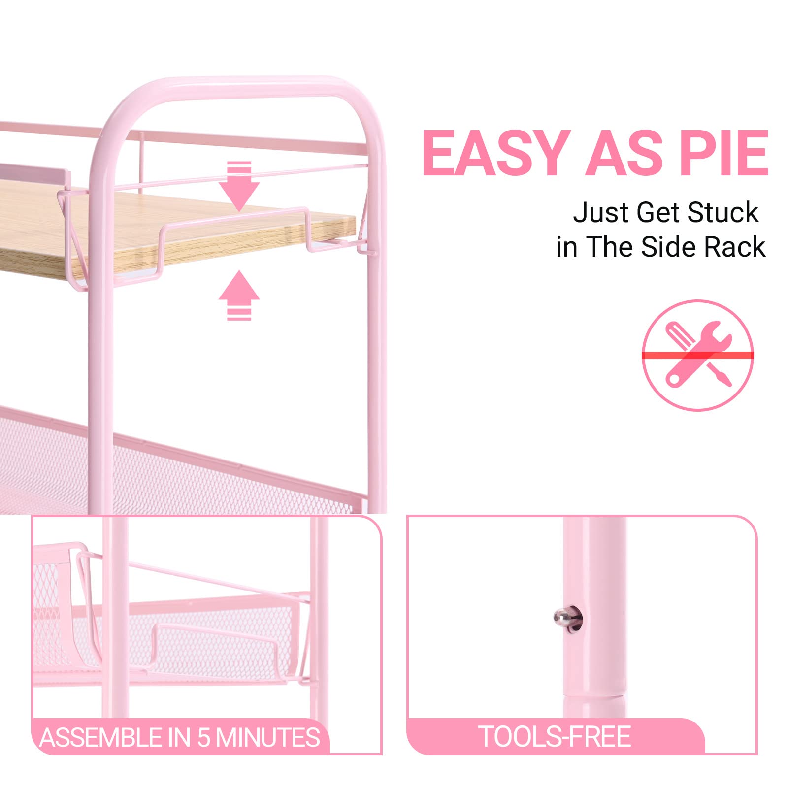KINGRACK 4-Tier Metal Rolling Utility Cart, Pink, Flexible, Sturdy, Easy Assembly, Anti-Rust
