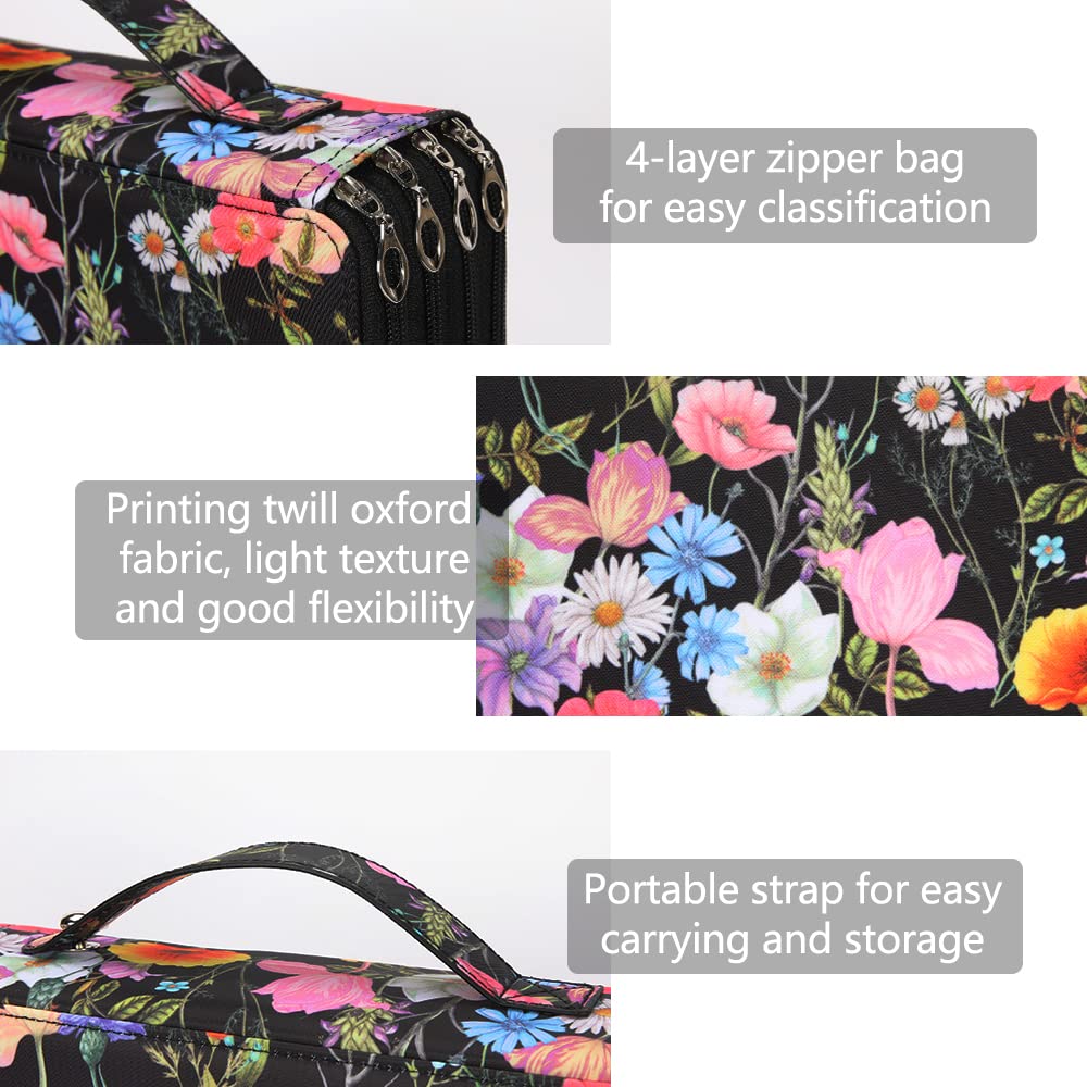 Vomgomfom 200 Slots Pencil Case 4-Layer PU Leather, Handle, Black Flower