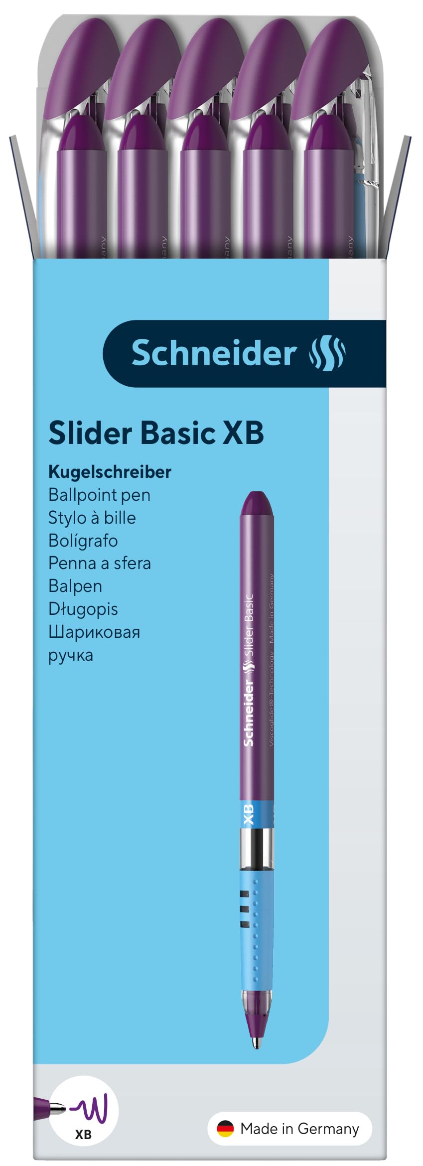 Schneider Slider Basic XB (Extra Broad) Ballpoint Pen, 1.4 mm, Transparent Barrel, Violet Ink, Box