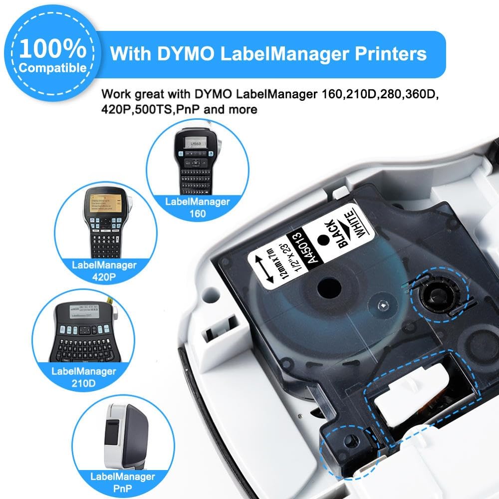 5-Pack Replace for DYMO 45013 Label Maker Refills D1 1/2 Inch x 23 Ft White