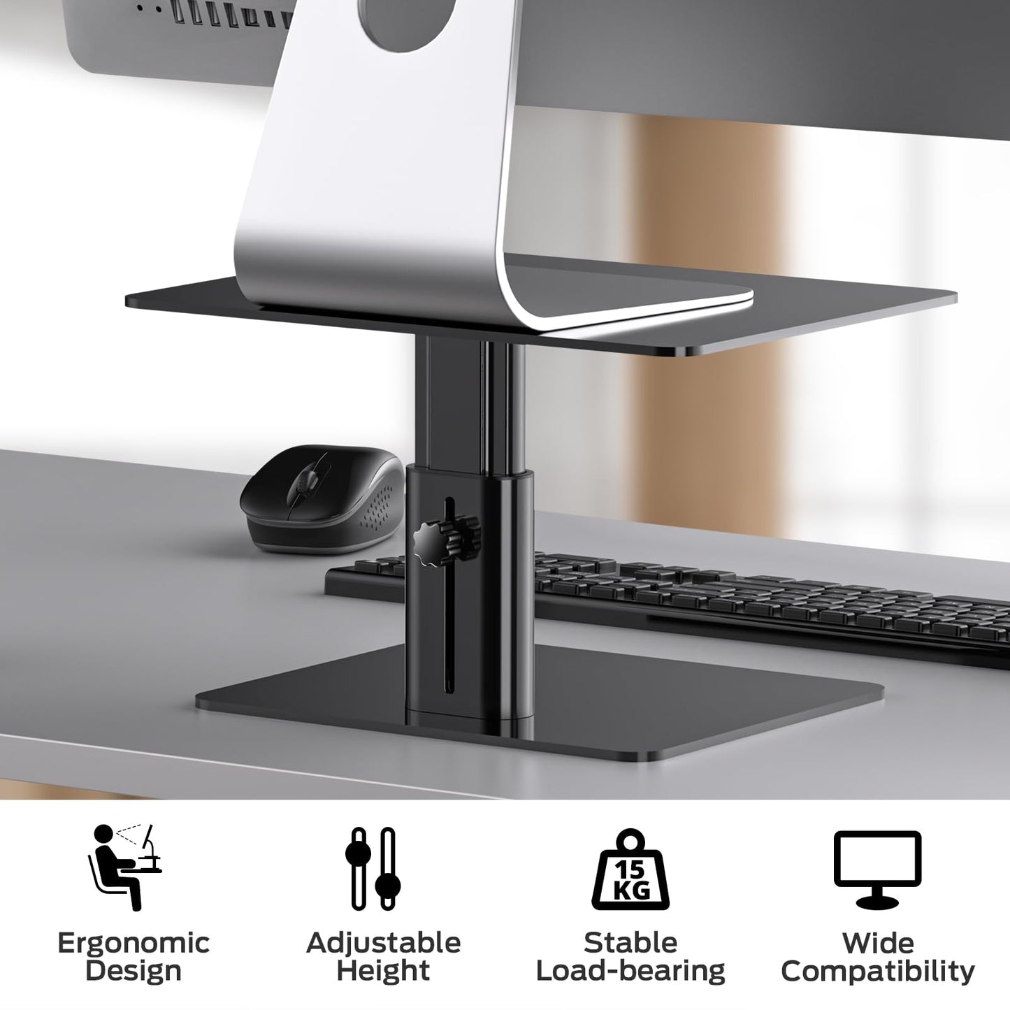 BoYata Monitor Stand, Adjustable Height Metal Desktop Riser, Black