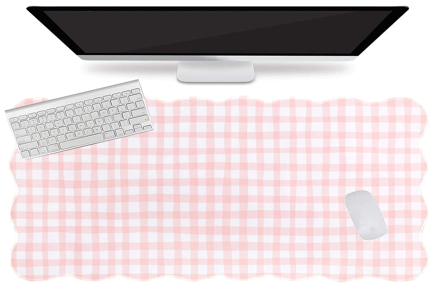 L-SPOUTTO Pink Checkered Mouse Pad,Cottagecore Scalloped Desk Mat XXL Large Cute Pastel Gaming