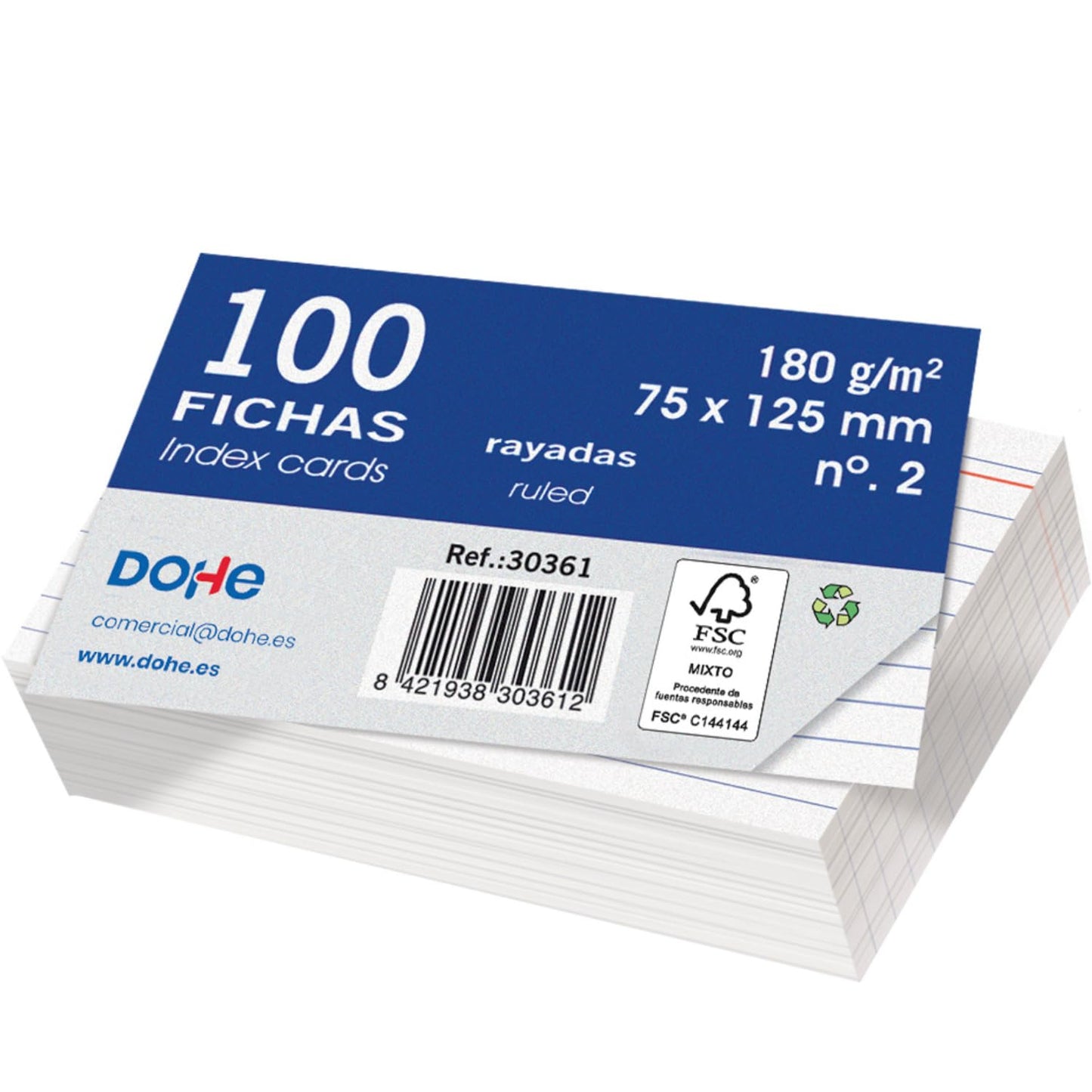 Dohe Pack of 100 Lined Card Index Cards for Writing Size 12.5 x 7.5 cm 180 g No.2 Office Stationery