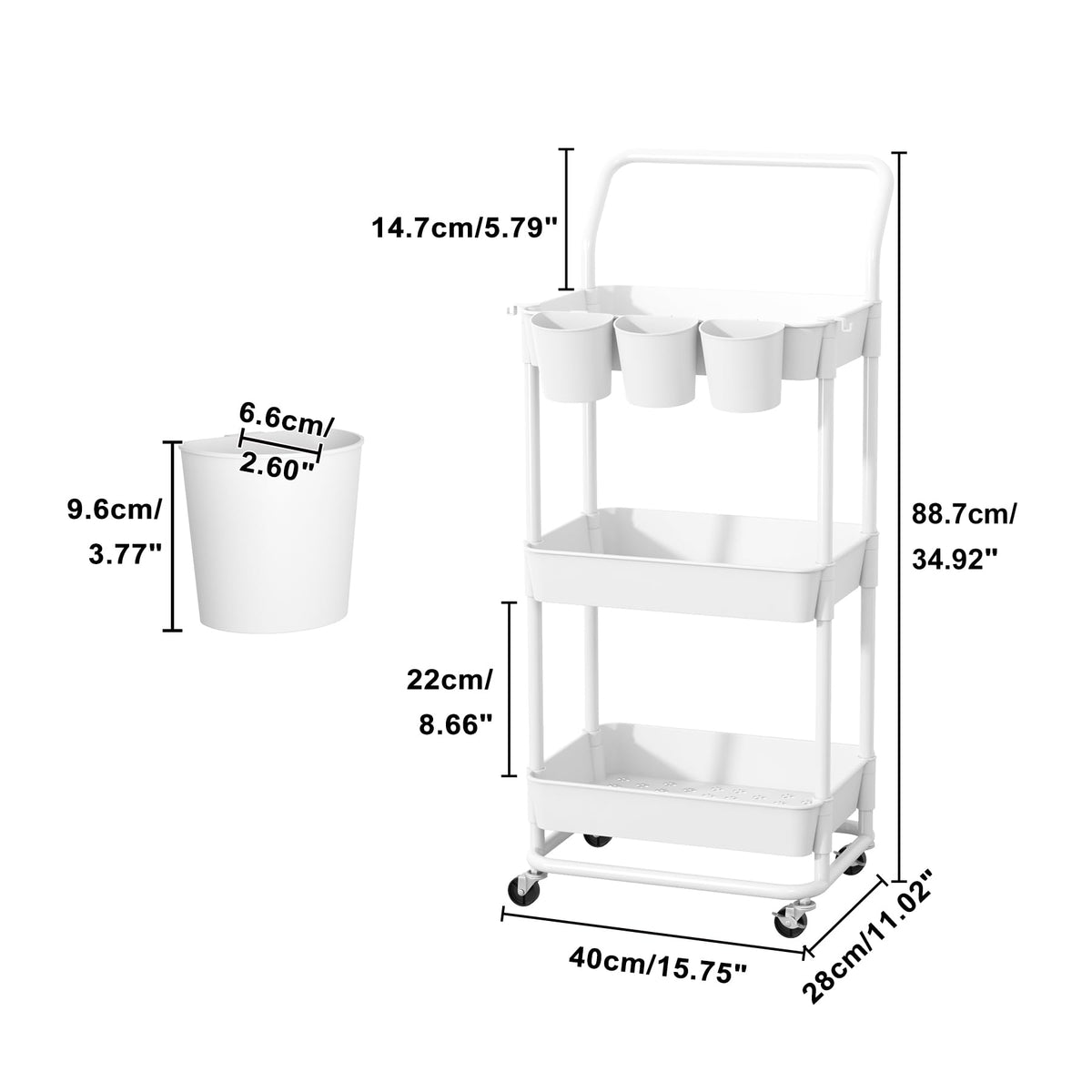 Buzowruil 3-Tier Rolling Utility Cart, Storage Cart with Handle Multi-Purpose and Locking