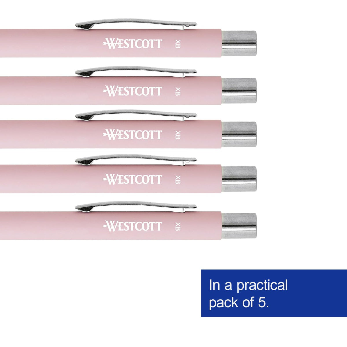 Westcott Premium Ballpoint Pen, Set of 5, Pink Ballpoint Pens Made of Aluminium, Document Safe with