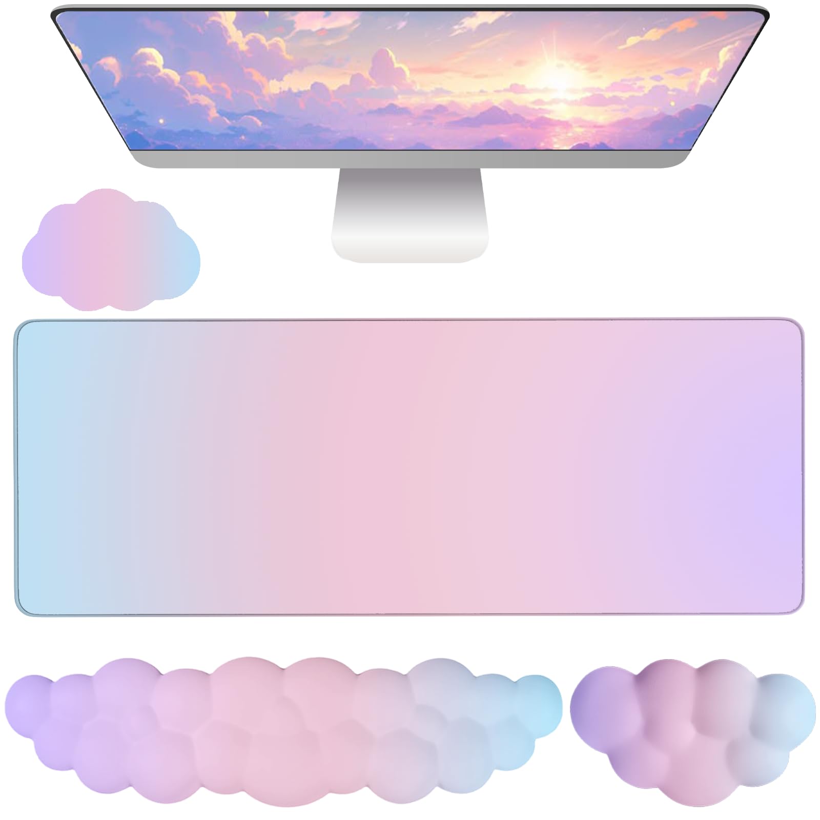 Cloud Mouse Pad Keyboard Wrist Rest 4PCS Extended Large Pink Sky Desk Mat Pad Set Memory Foam