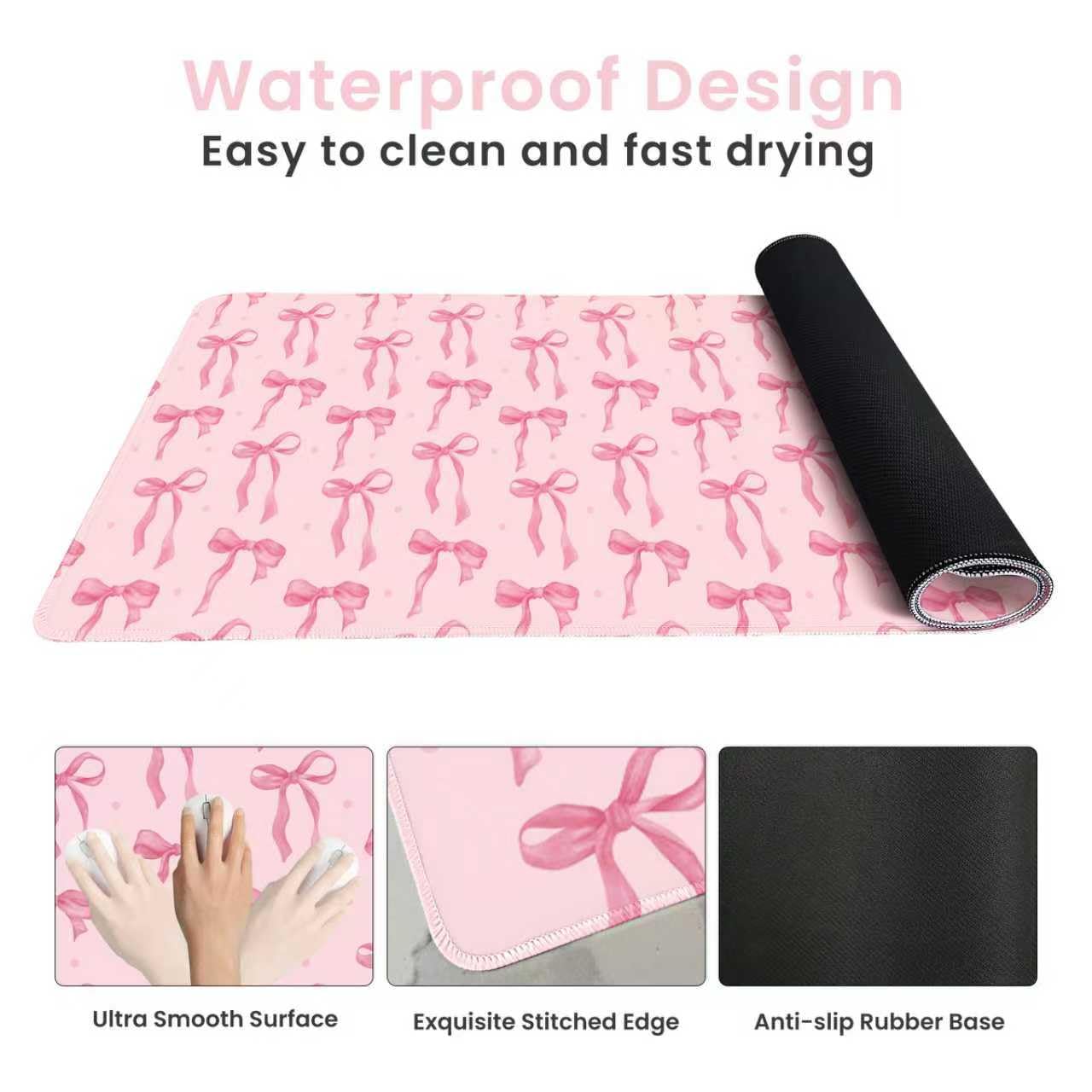 Pink Desk Mat, Bows Mouse Pad Computer Mat Desk Accessories 35.4 x 15.7in