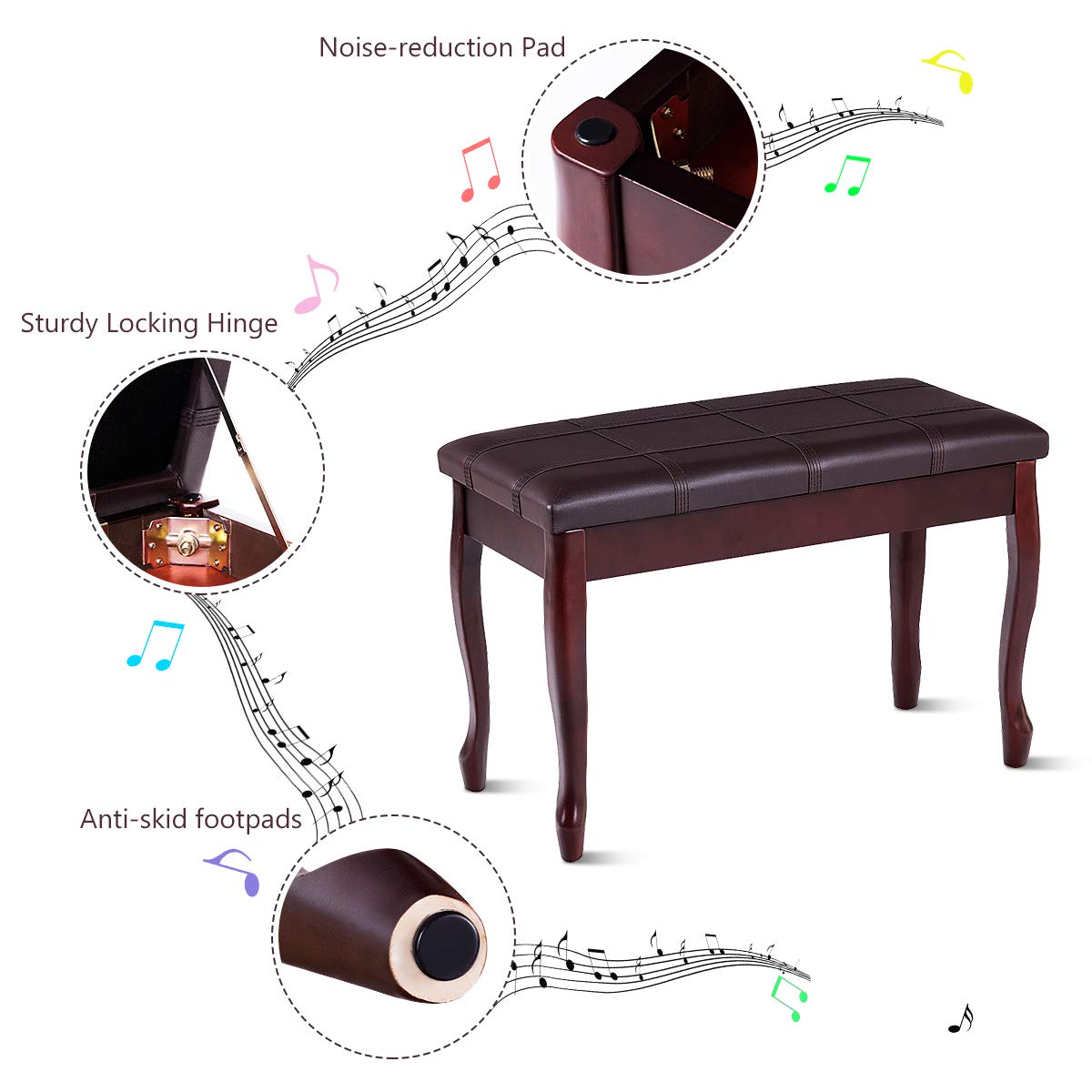 GOFLAME Piano Bench Stool with Padded Cushion and Music Storage, Heavy Duty Piano Duet Seat with PU