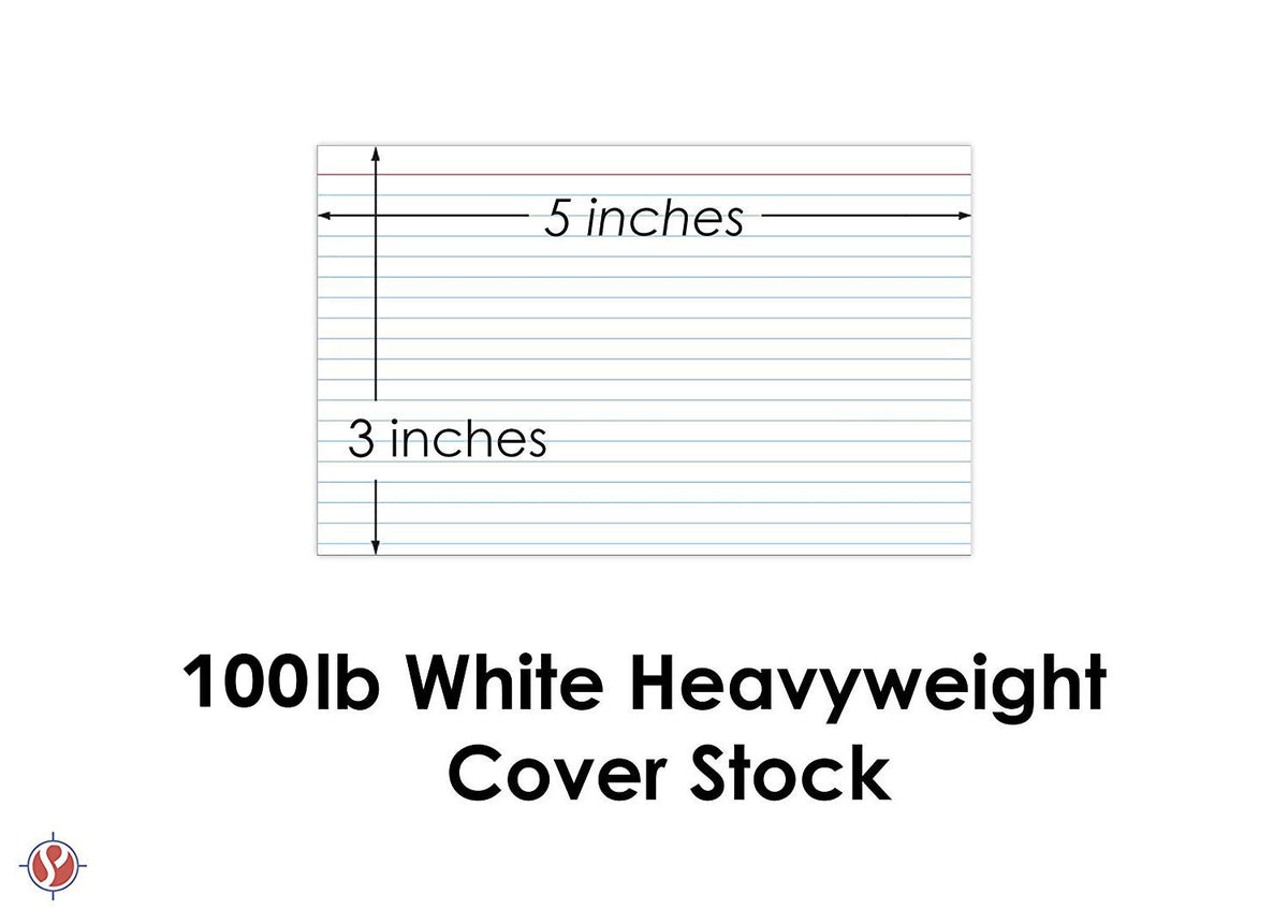 Ruled Index Cards, On 100lb. Heavyweight Thick White Cover Stock. "100 per pack" (3 x 5)