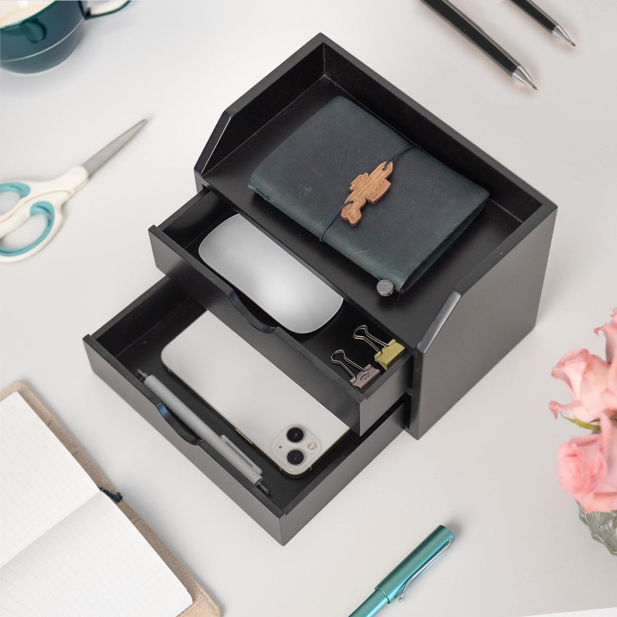 ROSE BLOOM Black Wood Desk Organizer with 2 Drawer, Mini Cute Cabinet with Storage Shelf for