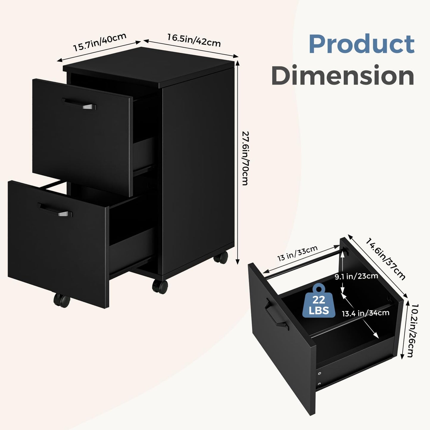 DUMOS 2 Drawer Storage Cabinet, Rolling Under Desk Storage, Black