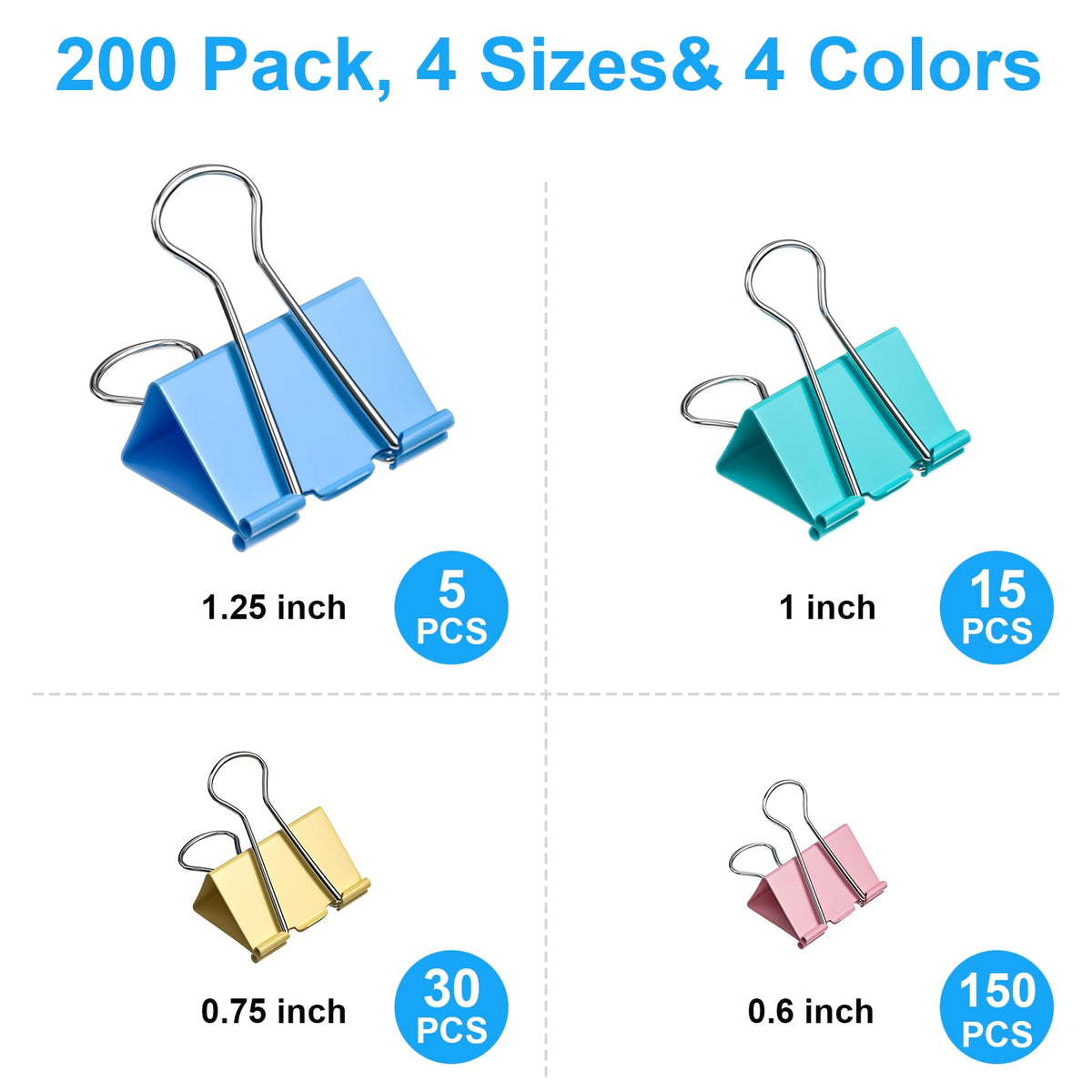 200 Count Colored Binder Clips Assorted Sizes, 4 Sizes Large, Medium, Small, Mini, Metal Paper