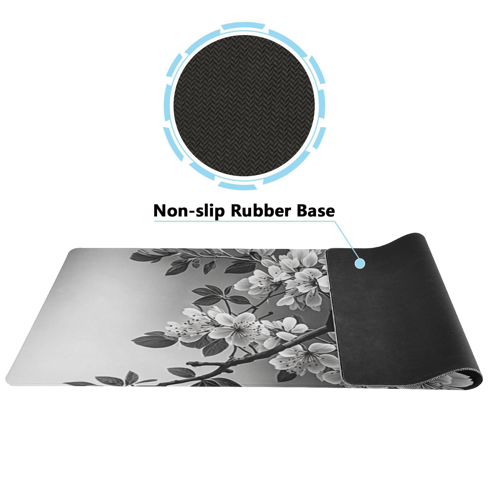 Black and White Sakura Branch Mouse Protector Mat - XL Non-Slip Mouse Pad for Gaming and Work