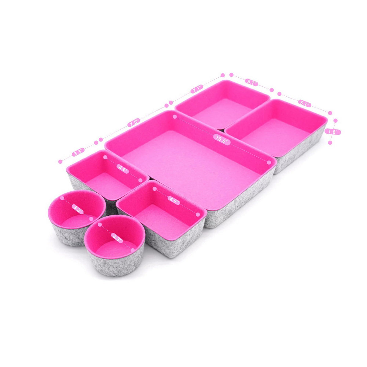Welaxy Drawer organizer bins felt tray desk storage dividers 7pc Hot pink