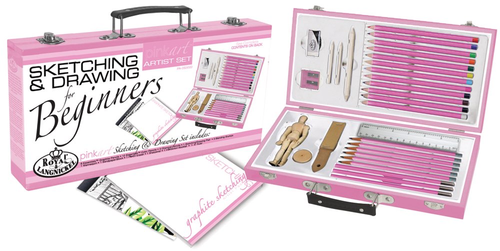 Royal & Langnickel Pink Art Beginner Artist Sketching and Drawing Wood Box Set, Sketch & Draw