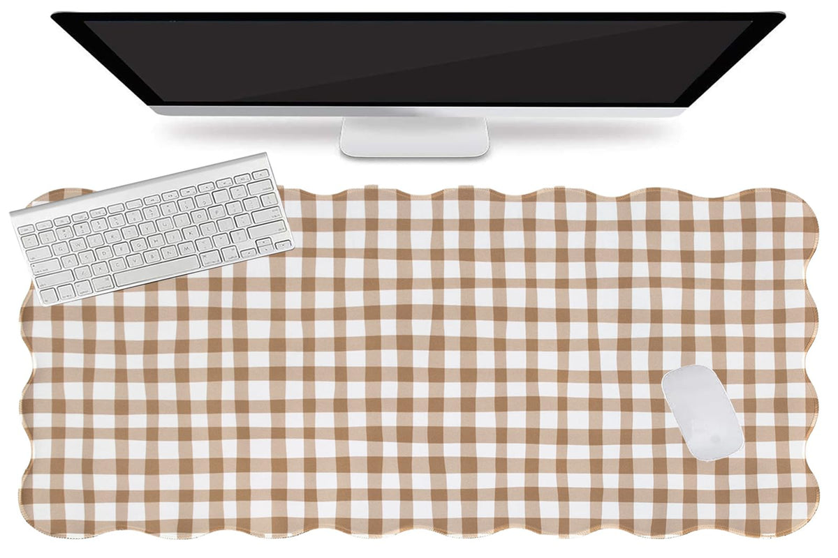 L-SPOUTTO Brown Checkered Mouse Pad,Cottagecore Scalloped Desk Mat XXL Large Cute Gingham Gaming