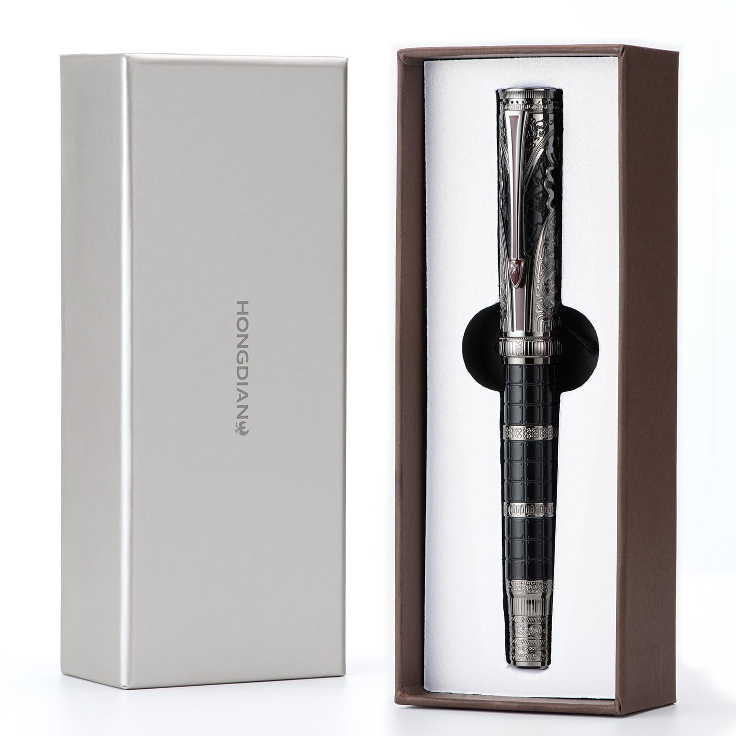 HONG DIAN D5 Qin Dynasty Fountain Pen Black Silver, Fine Nib Piston Filling Pen, Retro Chinese